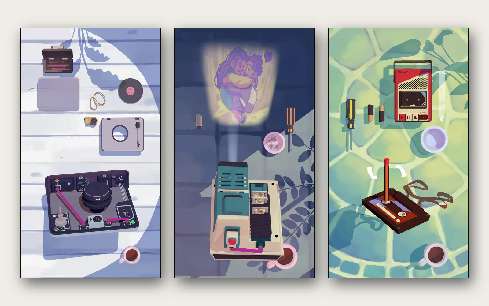 Screenshot da Assemble with Care: gli oggetti da smontare e riparare del gioco.