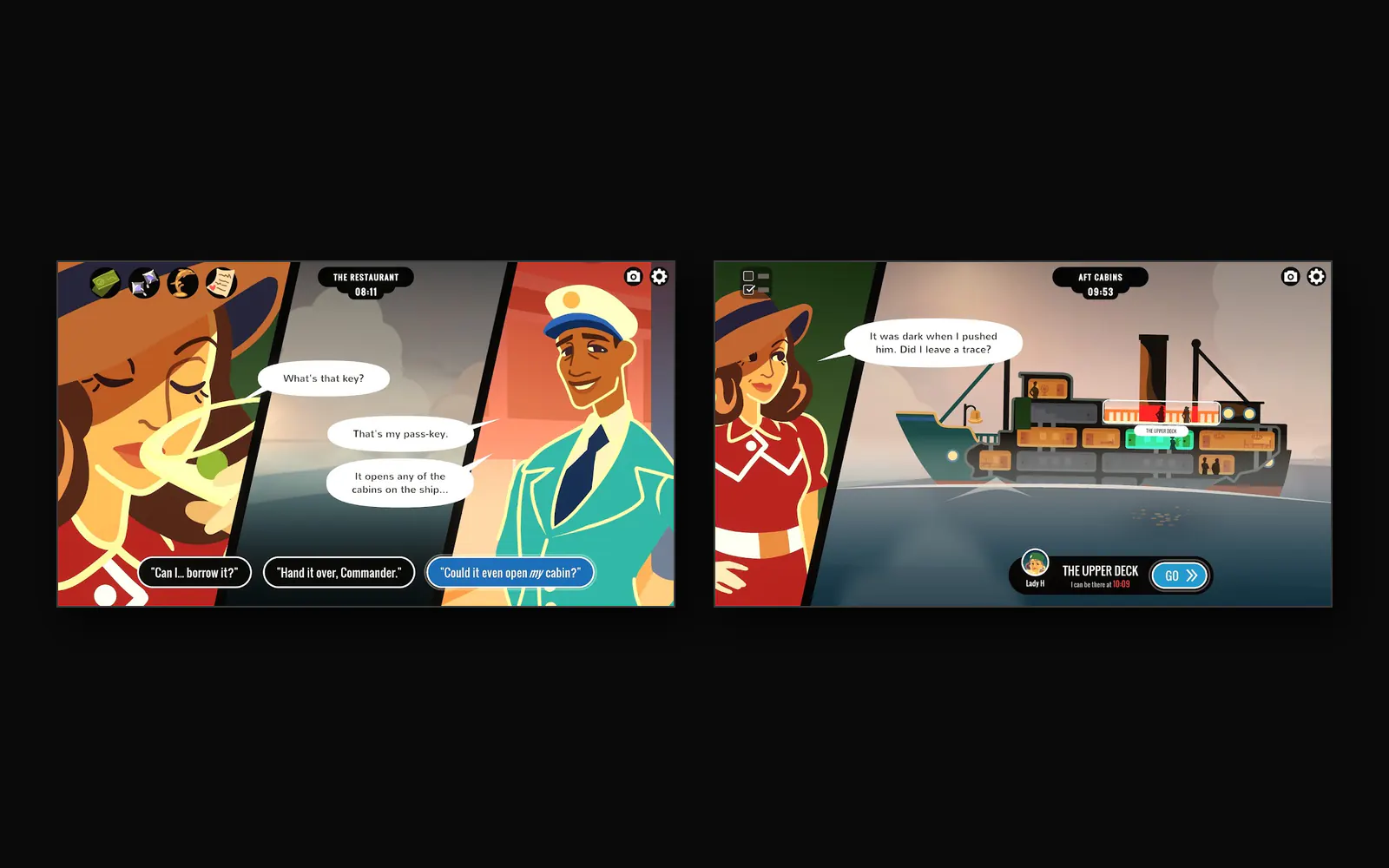 Screenshot da Overboard!: il transatlantico anni Trenta e i dialoghi a scelta del gioco.
